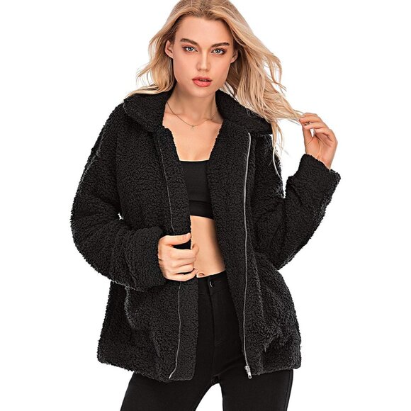 Women Black Casual Fleece Faux Shearling Coat Lapel Zipper Warm Oversized Winter - Picture 3 of 6